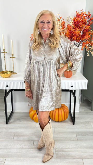 Metallic Babydoll Mini Dress By Umgee
