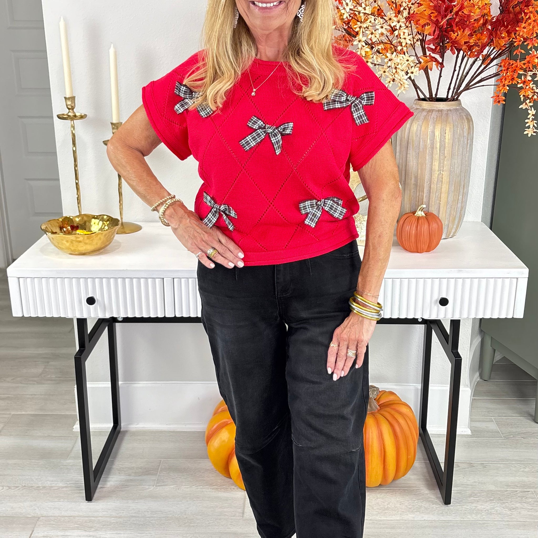 Red Drop Short Sleeve Checked Bow Sweater Top By She & Sky