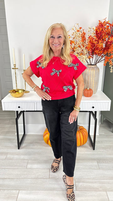 Red Drop Short Sleeve Checked Bow Sweater Top By She & Sky