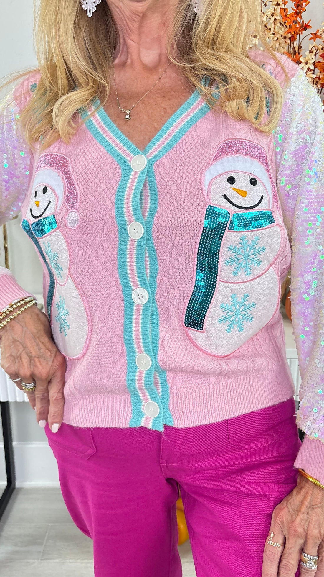 Snowman Cardigan with Sequin Sleeves By Grace + Emma