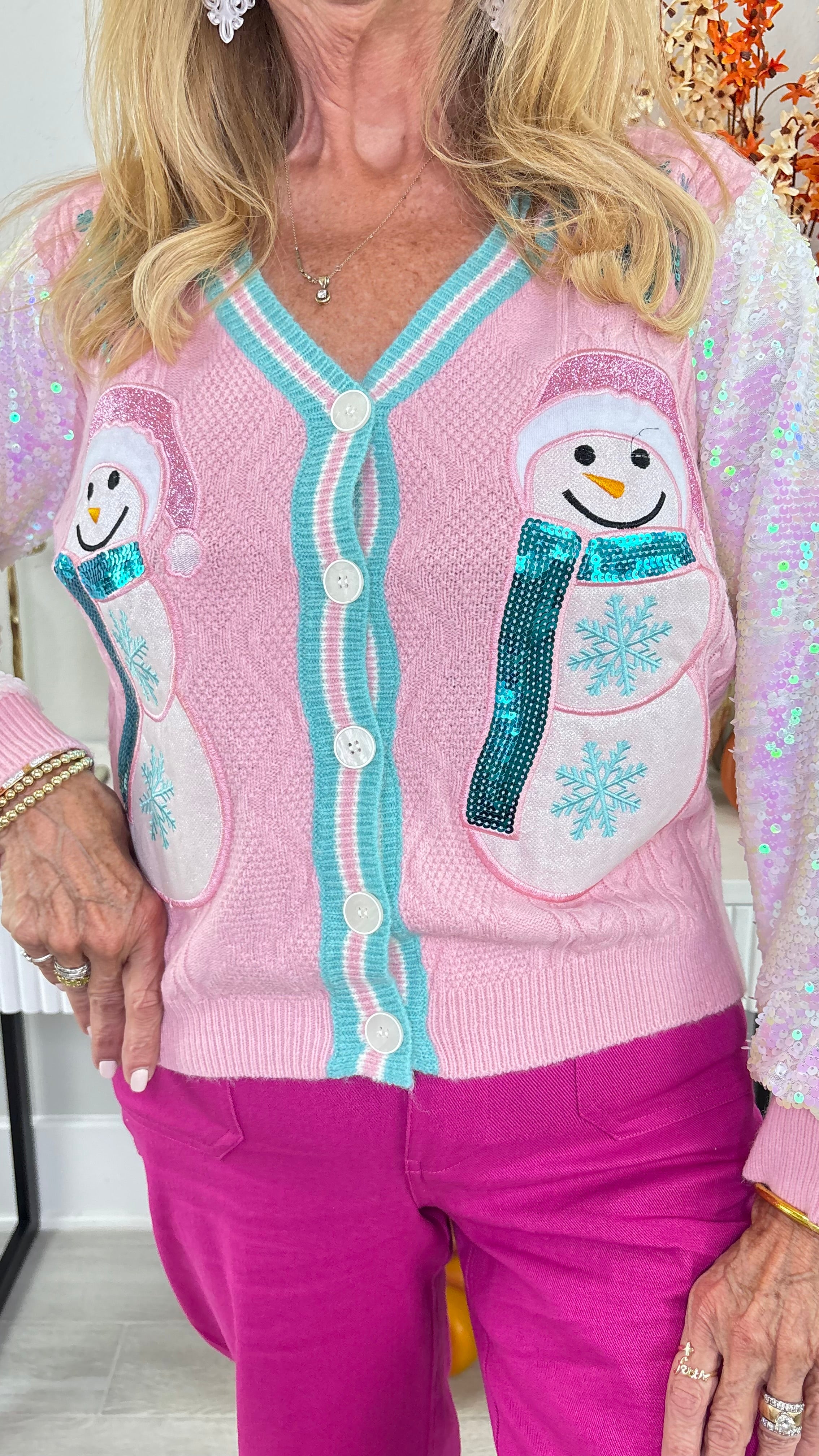 Snowman Cardigan with Sequin Sleeves By Grace + Emma