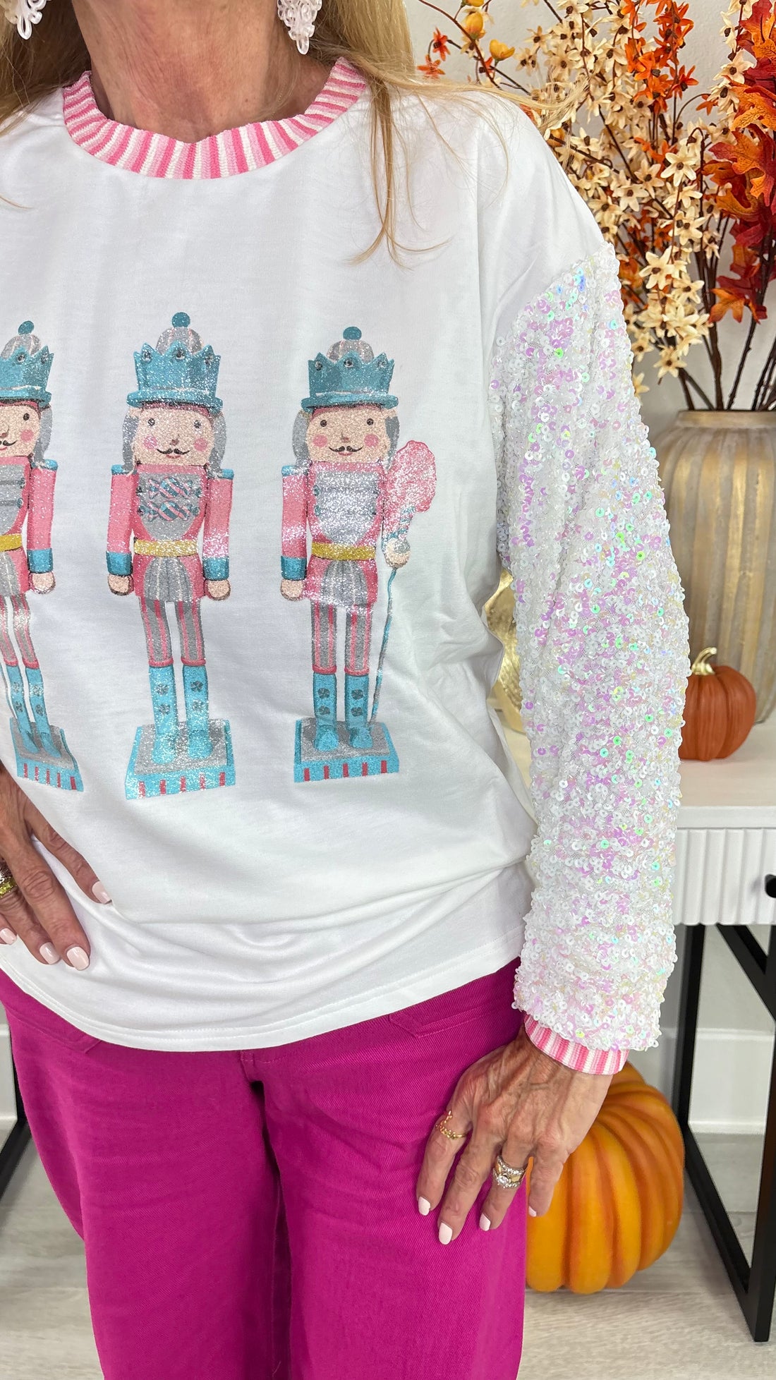 Glitter Nutcrackers On White Top with Sequin Sleeves By Grace + Emma