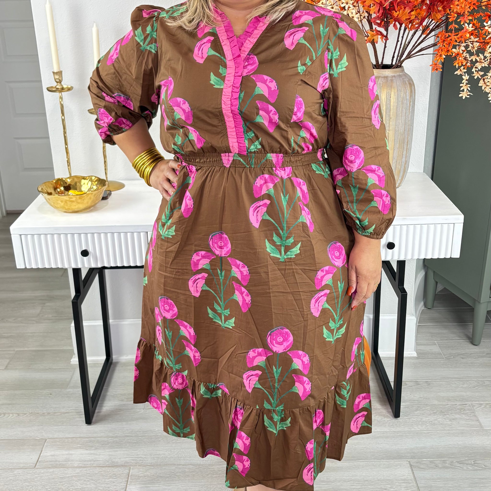 Plus Size Floral Midi Dress with Ruffle Trim and Elastic Waist By Umgee