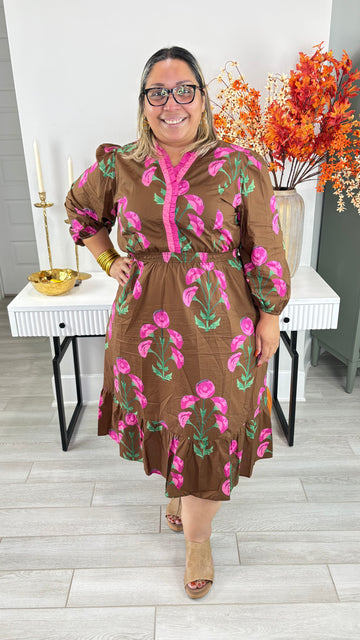 Plus Size Floral Midi Dress with Ruffle Trim and Elastic Waist By Umgee