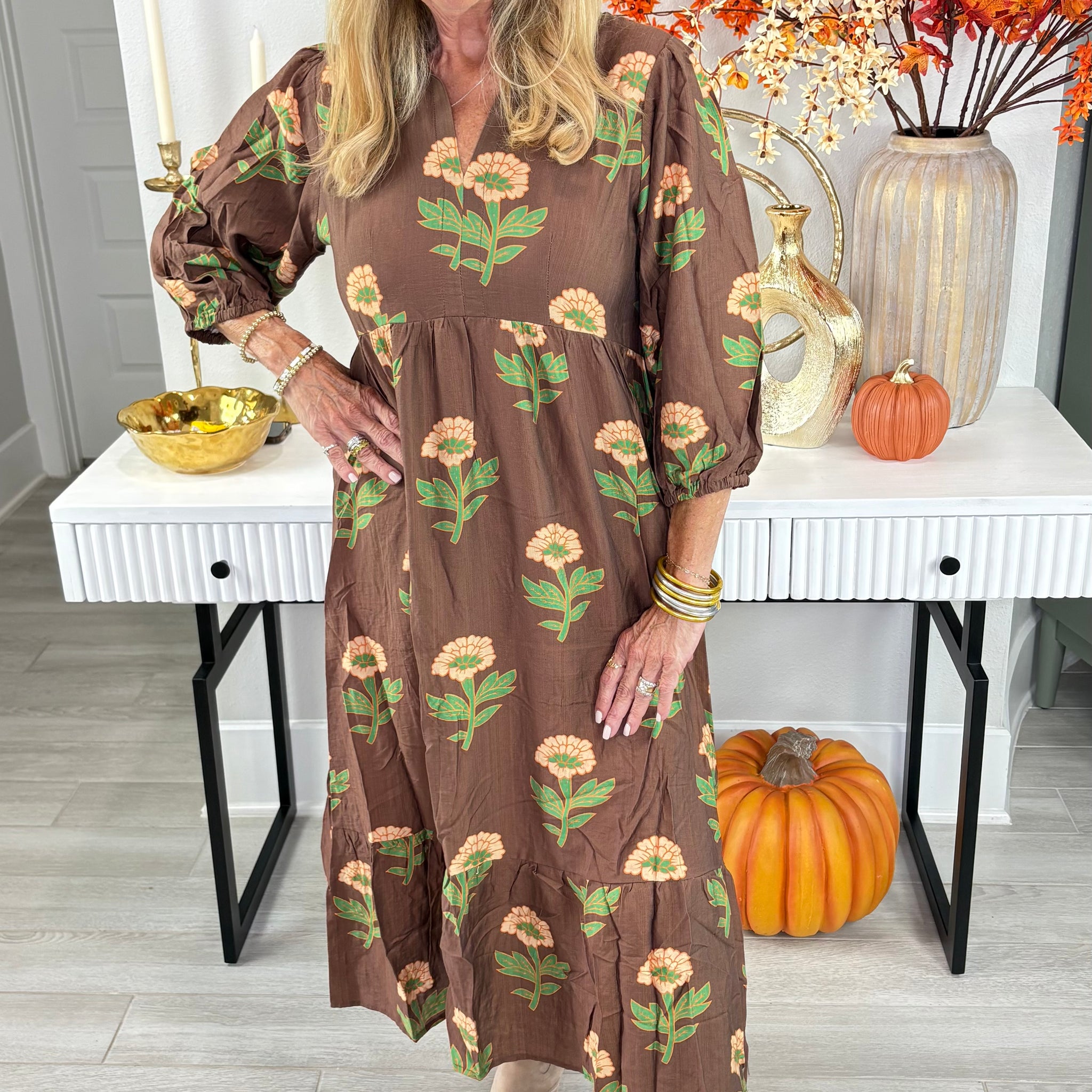 Brown Floral Print Maxi Dress with Bubble Sleeves By Umgee