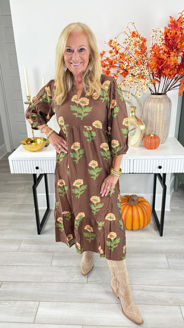 Brown Floral Print Maxi Dress with Bubble Sleeves By Umgee