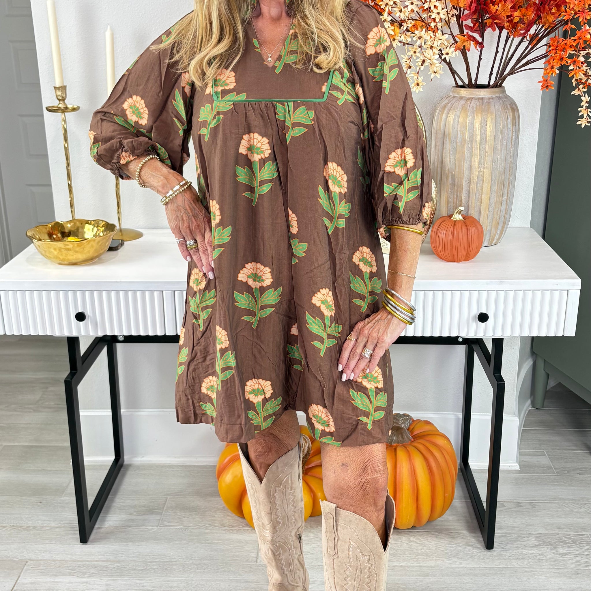 Brown Floral Print Babydoll Tunic Dress By Umgee