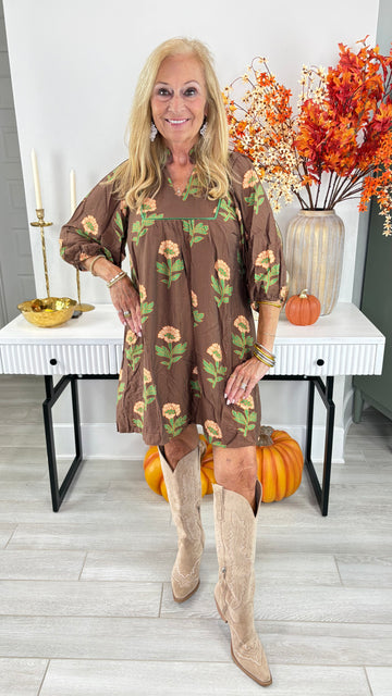 Brown Floral Print Babydoll Tunic Dress By Umgee