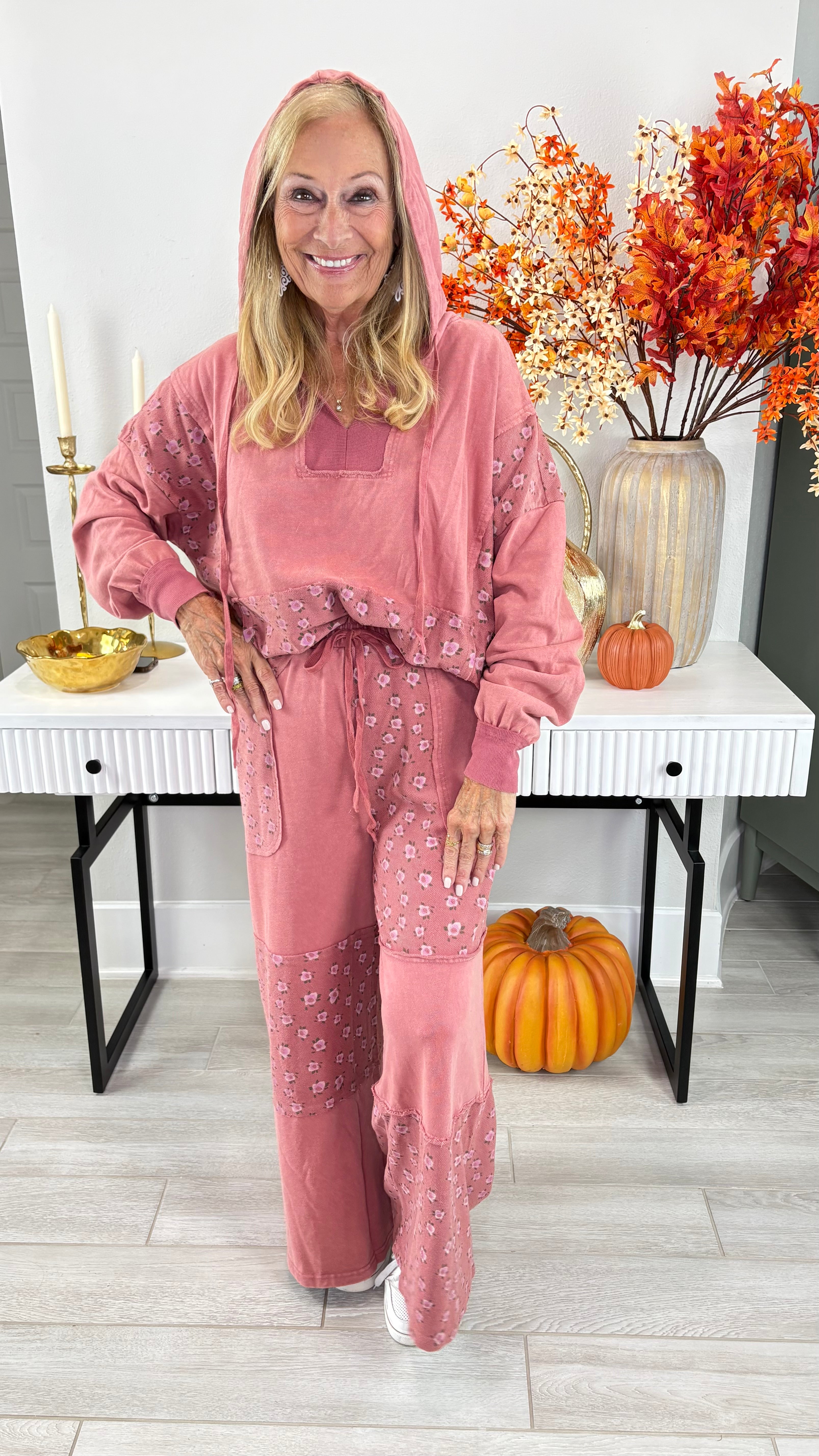 Floral Printed Washed Terry Hoodie Pullover By Easel