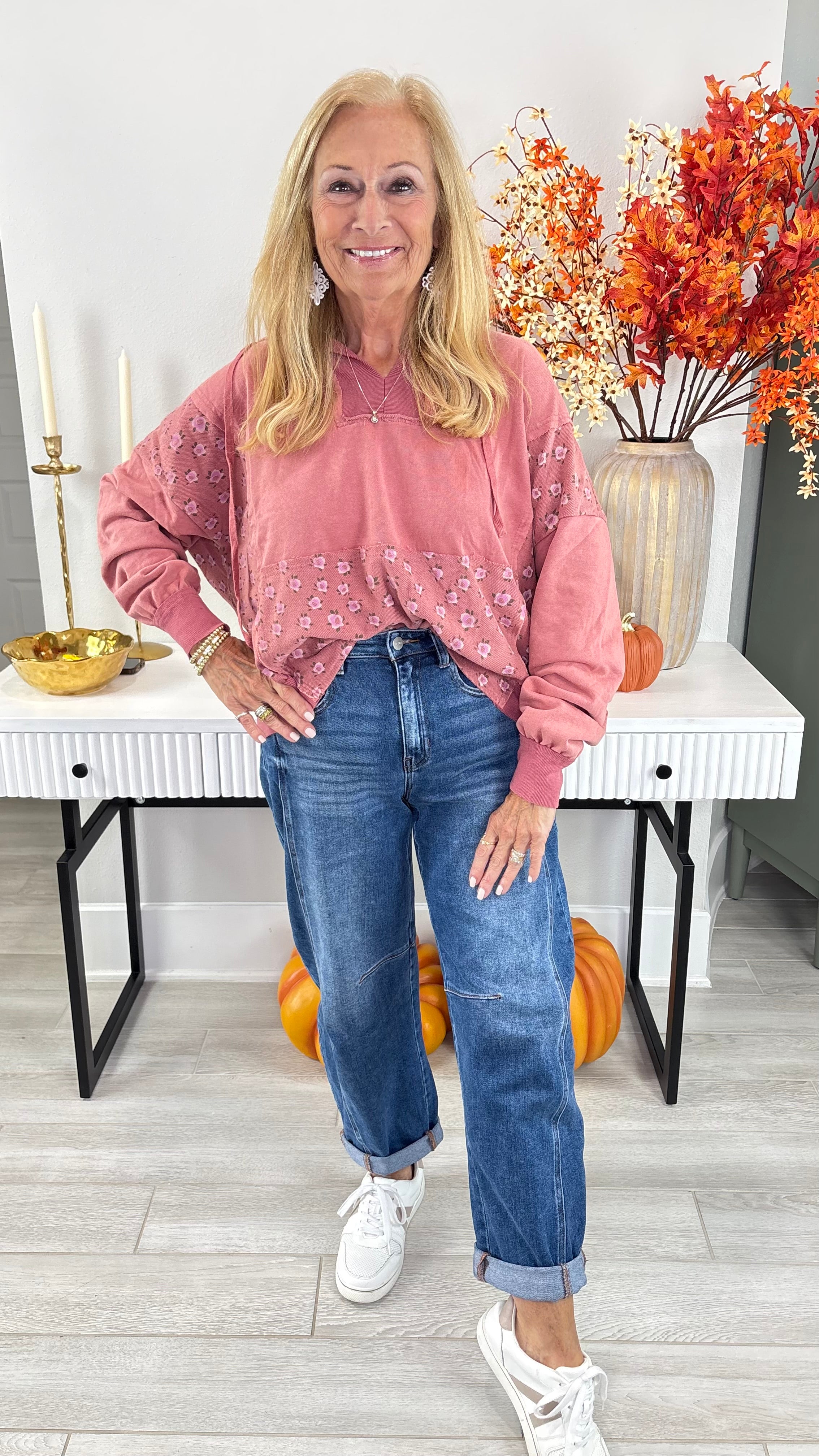 Floral Printed Washed Terry Hoodie Pullover By Easel