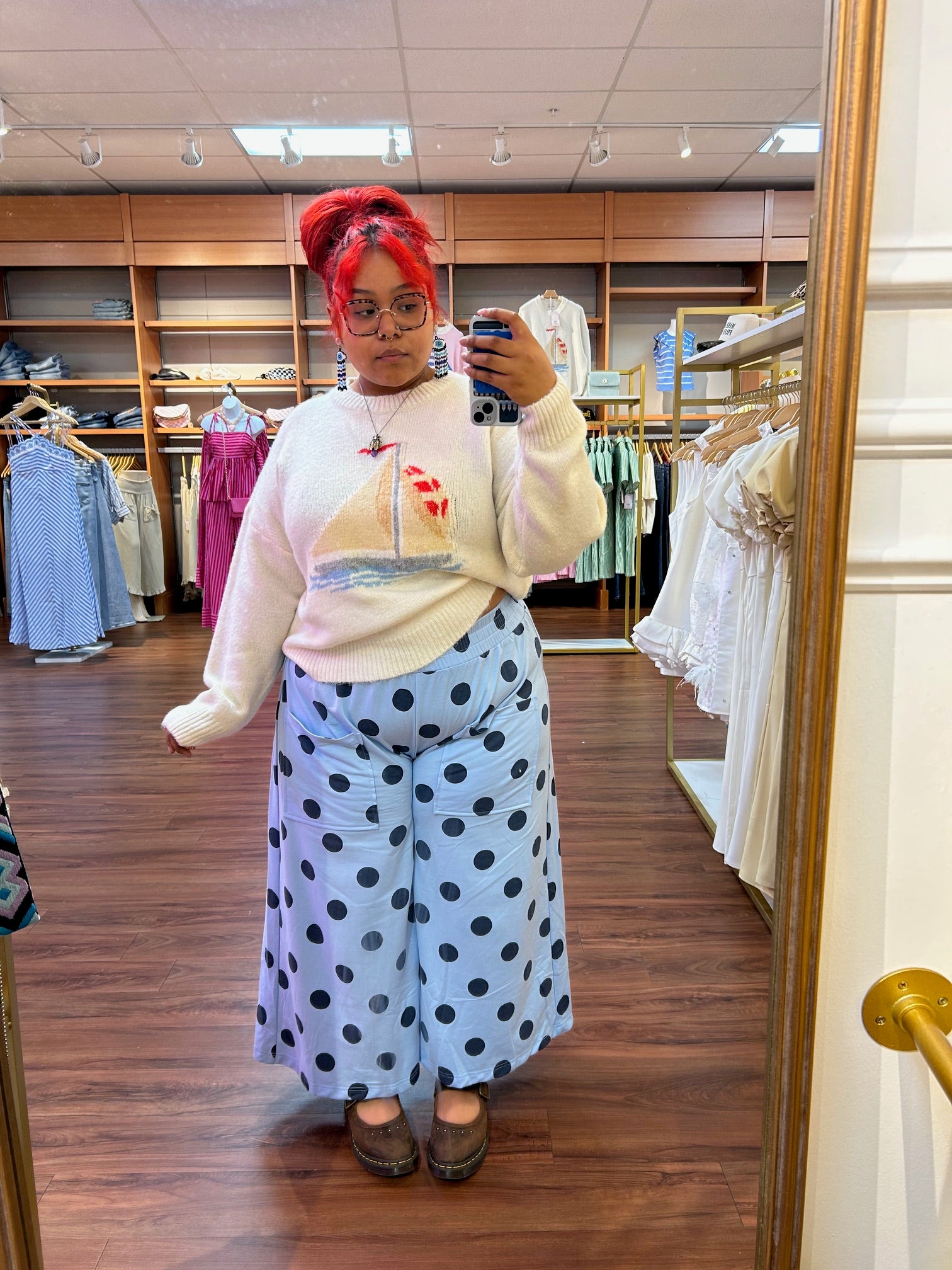 plus size blue polka dot wide leg pants