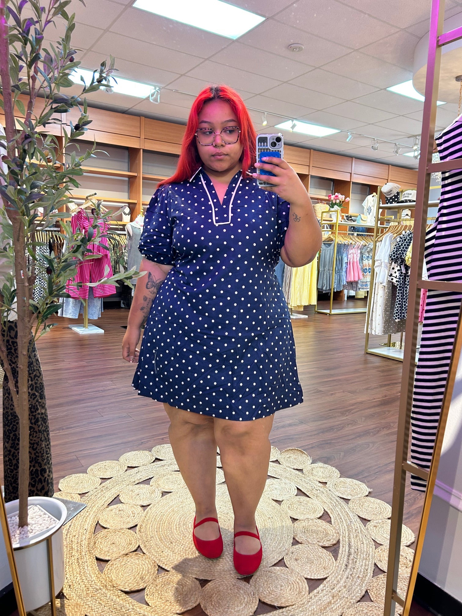 Navy Polka Dot Mini Dress – Puff Sleeve Cotton Dress By Entro