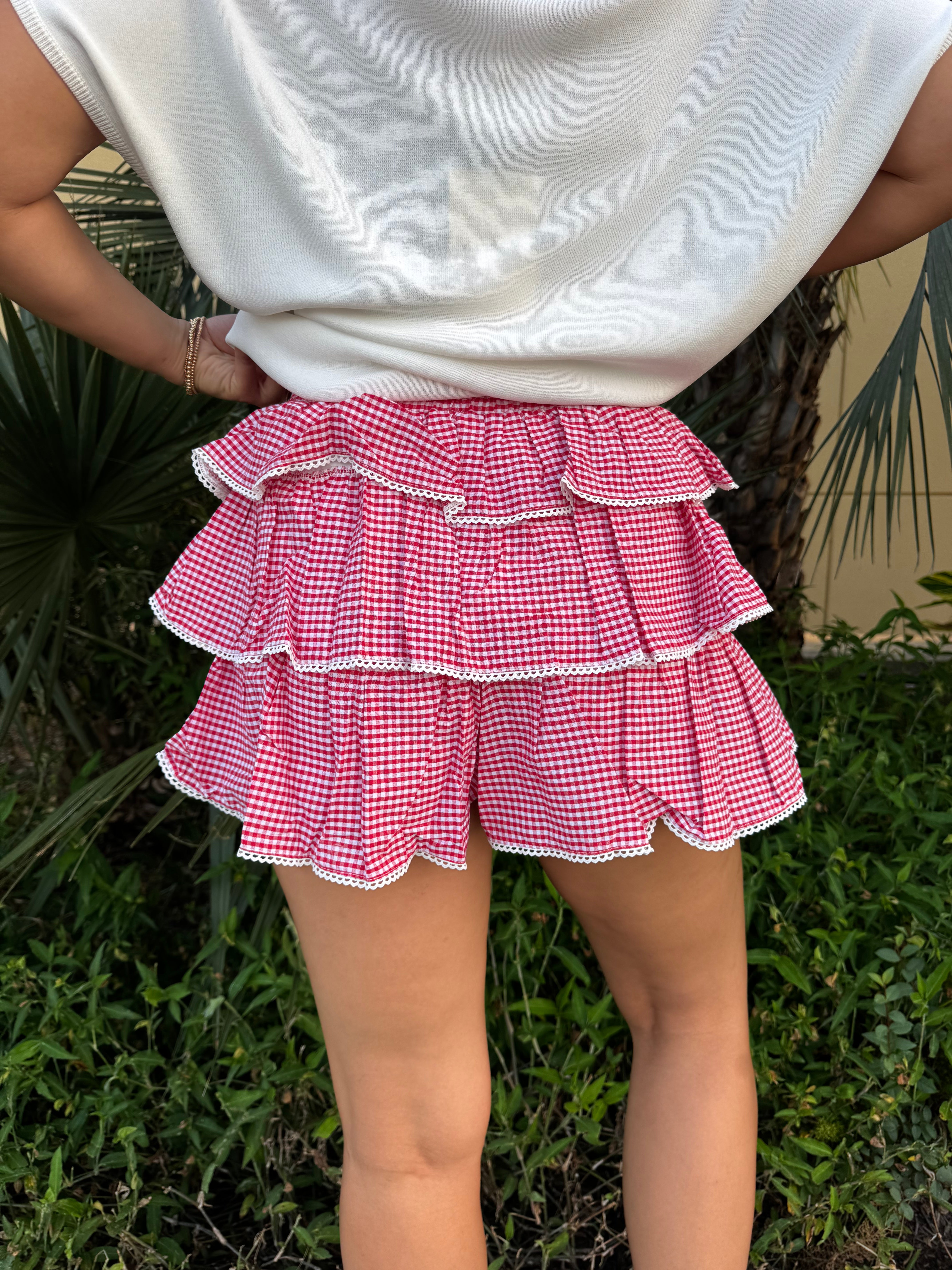 Red and white gingham ruffle shorts with a waitsband 