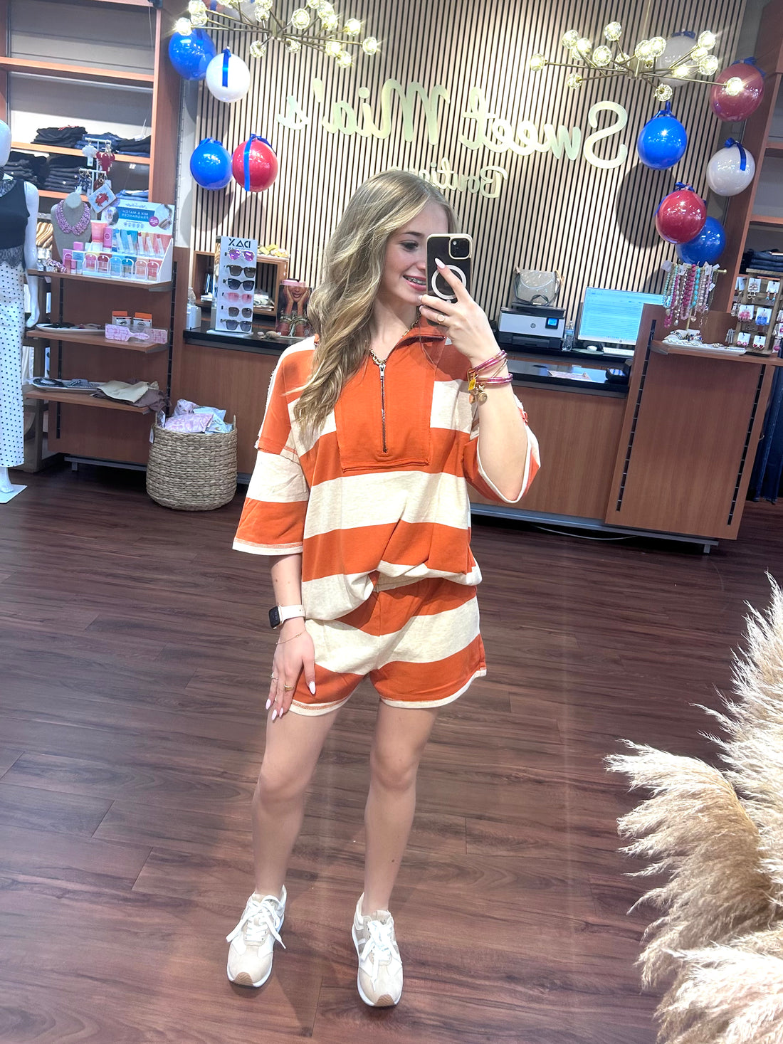 Striped Half Zip High Neck Top & Shorts Set