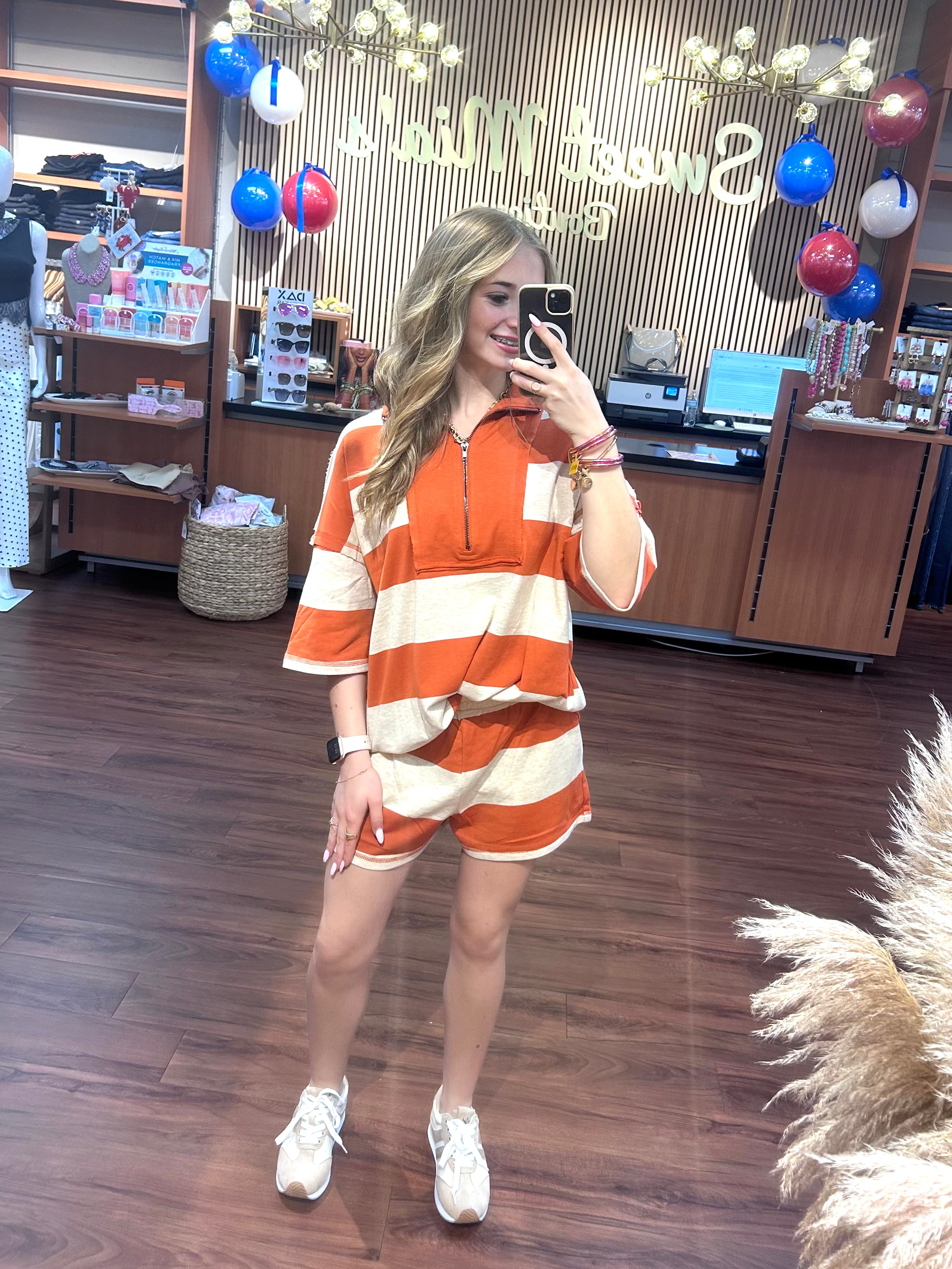 Striped Half Zip High Neck Top & Shorts Set