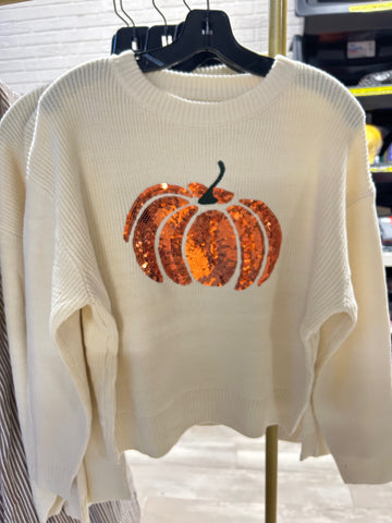 Pumpkin Glitter Boat Neck Long Sleeve Sweater By Eesome