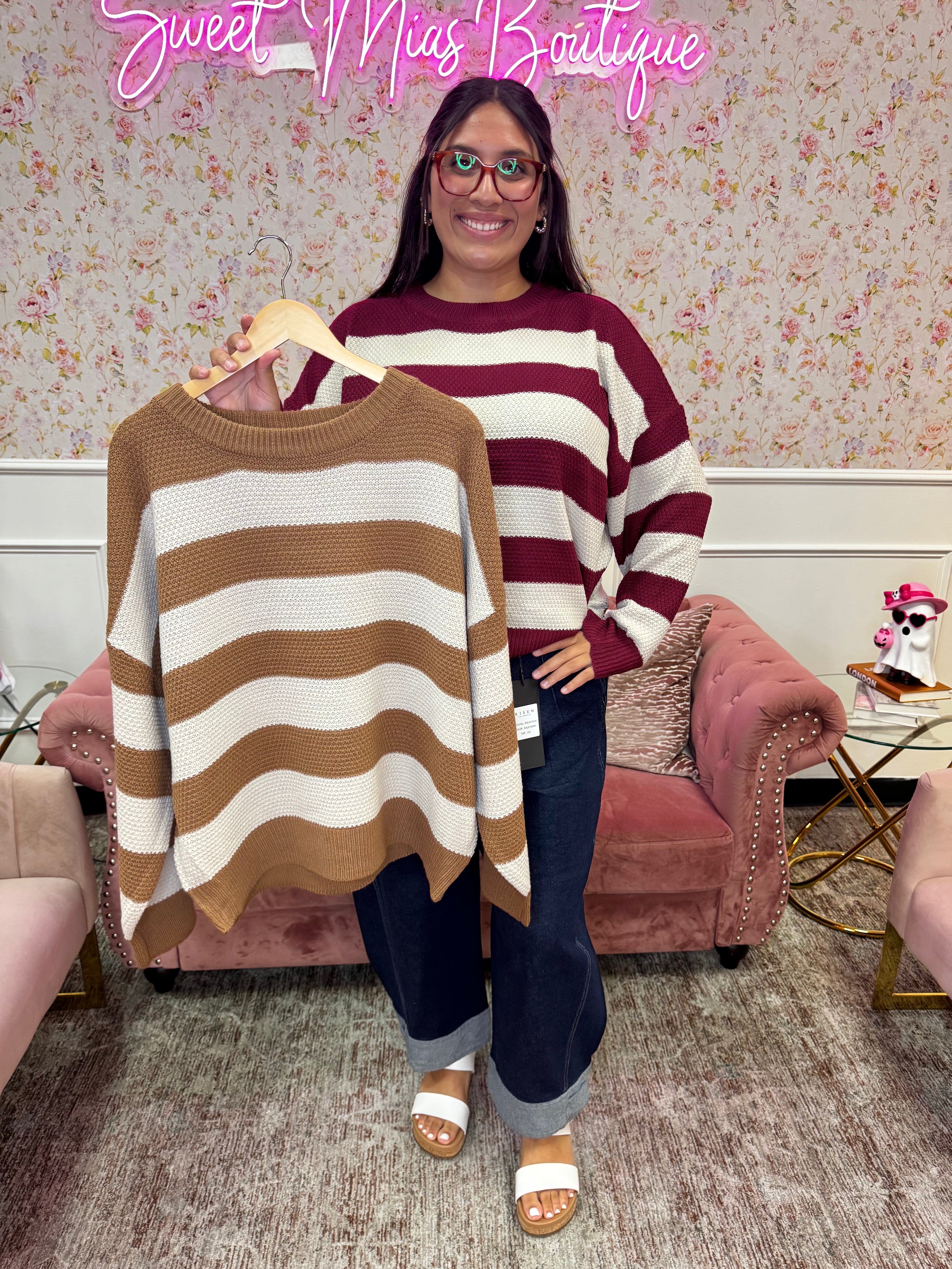 Curvy Striped Drop Sweater By Zenana