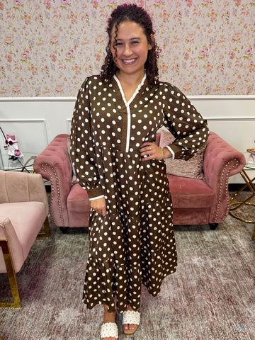 Mocha Moments Polka Dot Midi Dress By Jodifl
