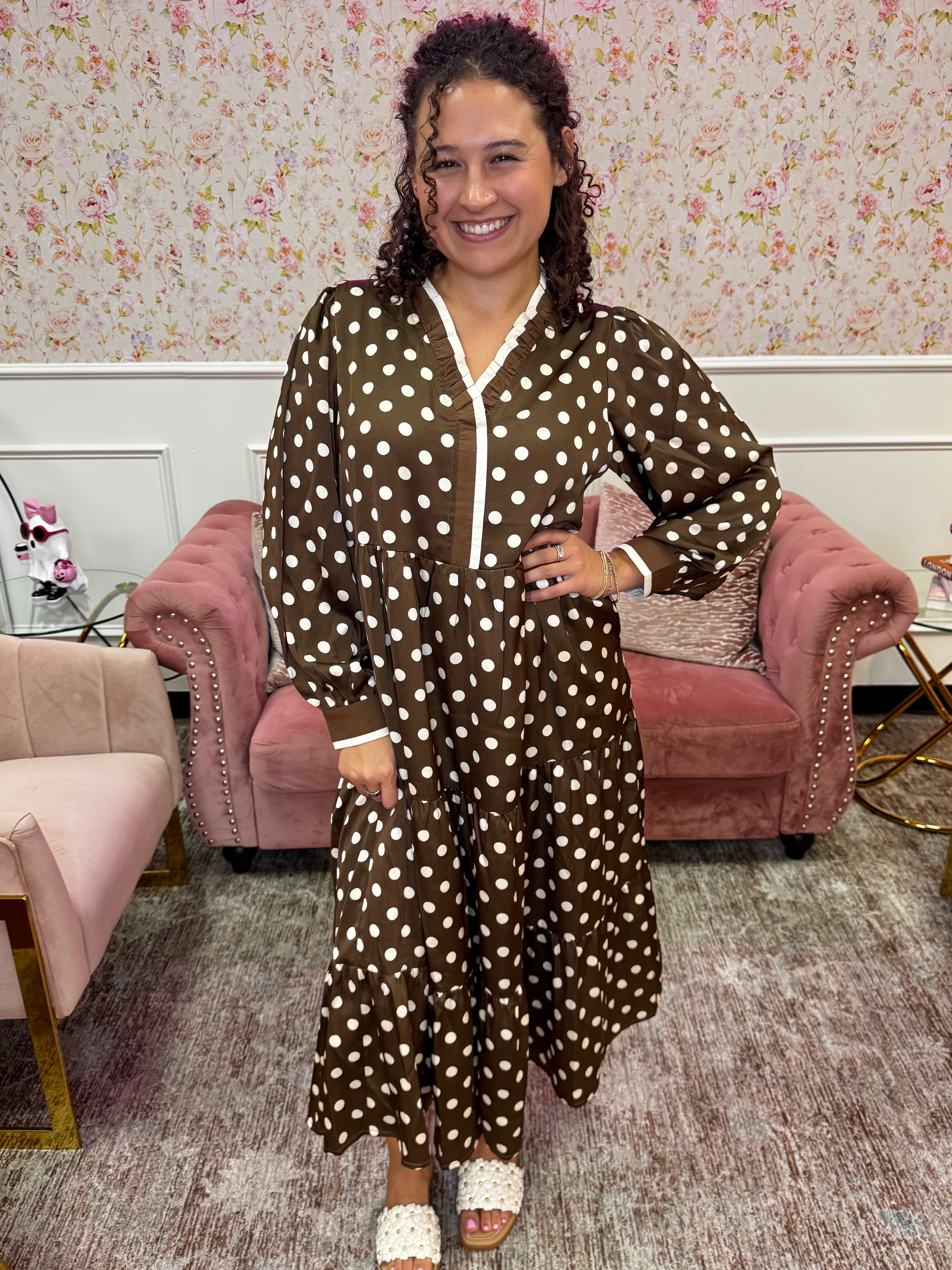 Mocha Moments Polka Dot Midi Dress By Jodifl