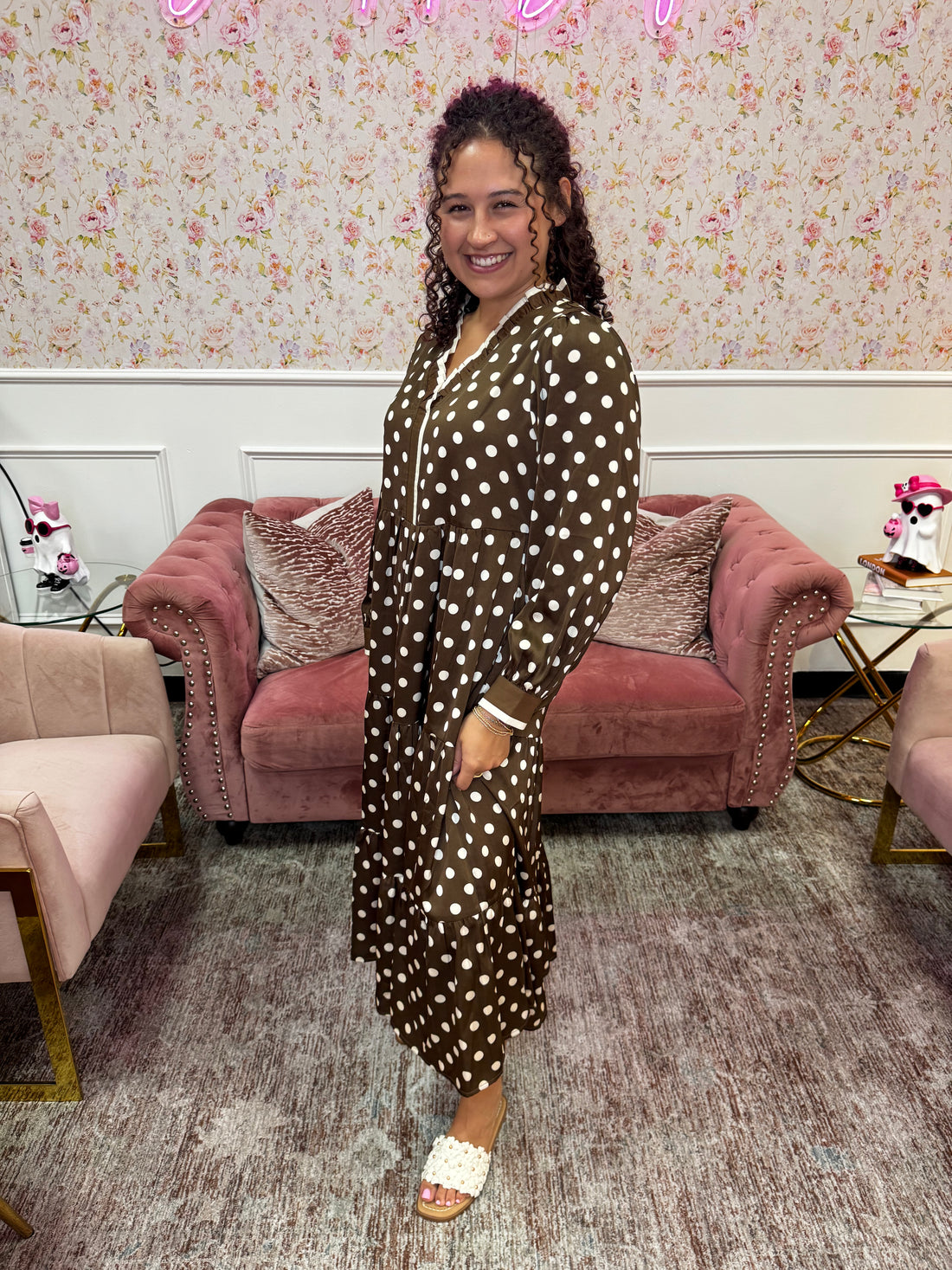 Mocha Moments Polka Dot Midi Dress By Jodifl