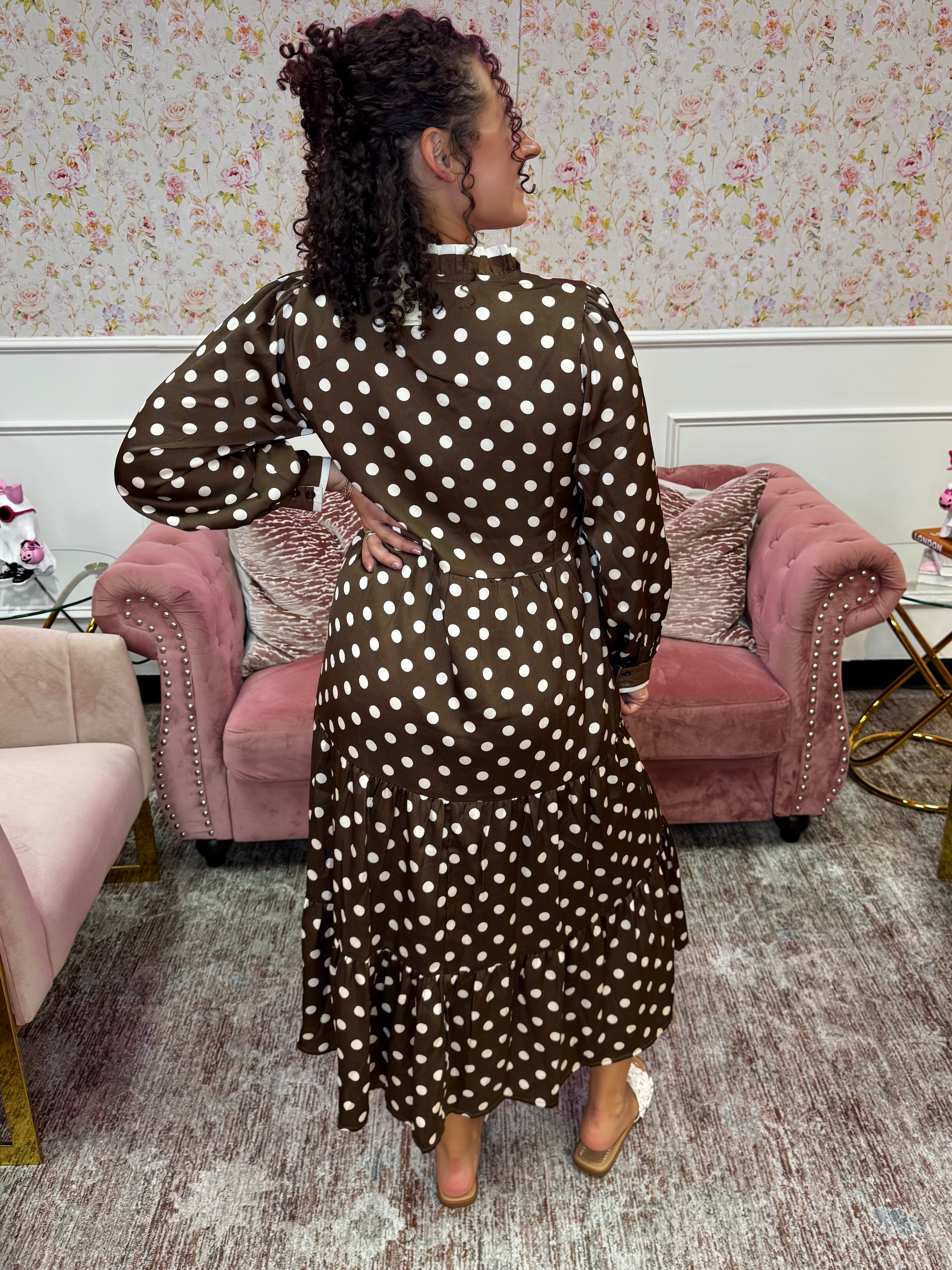 Mocha Moments Polka Dot Midi Dress By Jodifl