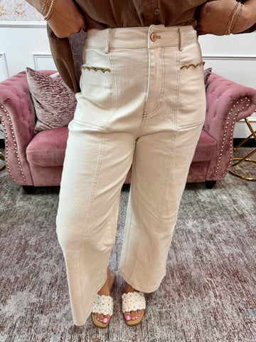 Ivory Wide Leg Pant with Taupe Scallop Pocket By Entro
