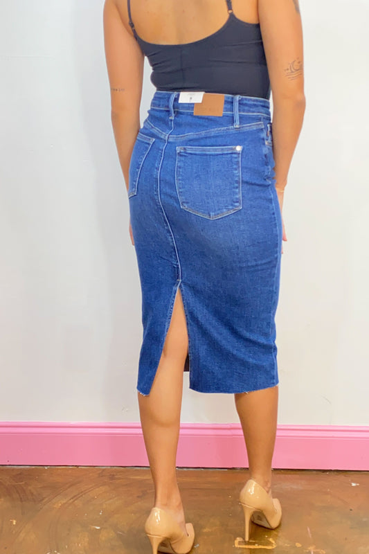 Judy Blue High Waist Back Slit Hem Mid Length Denim Skirt 2831