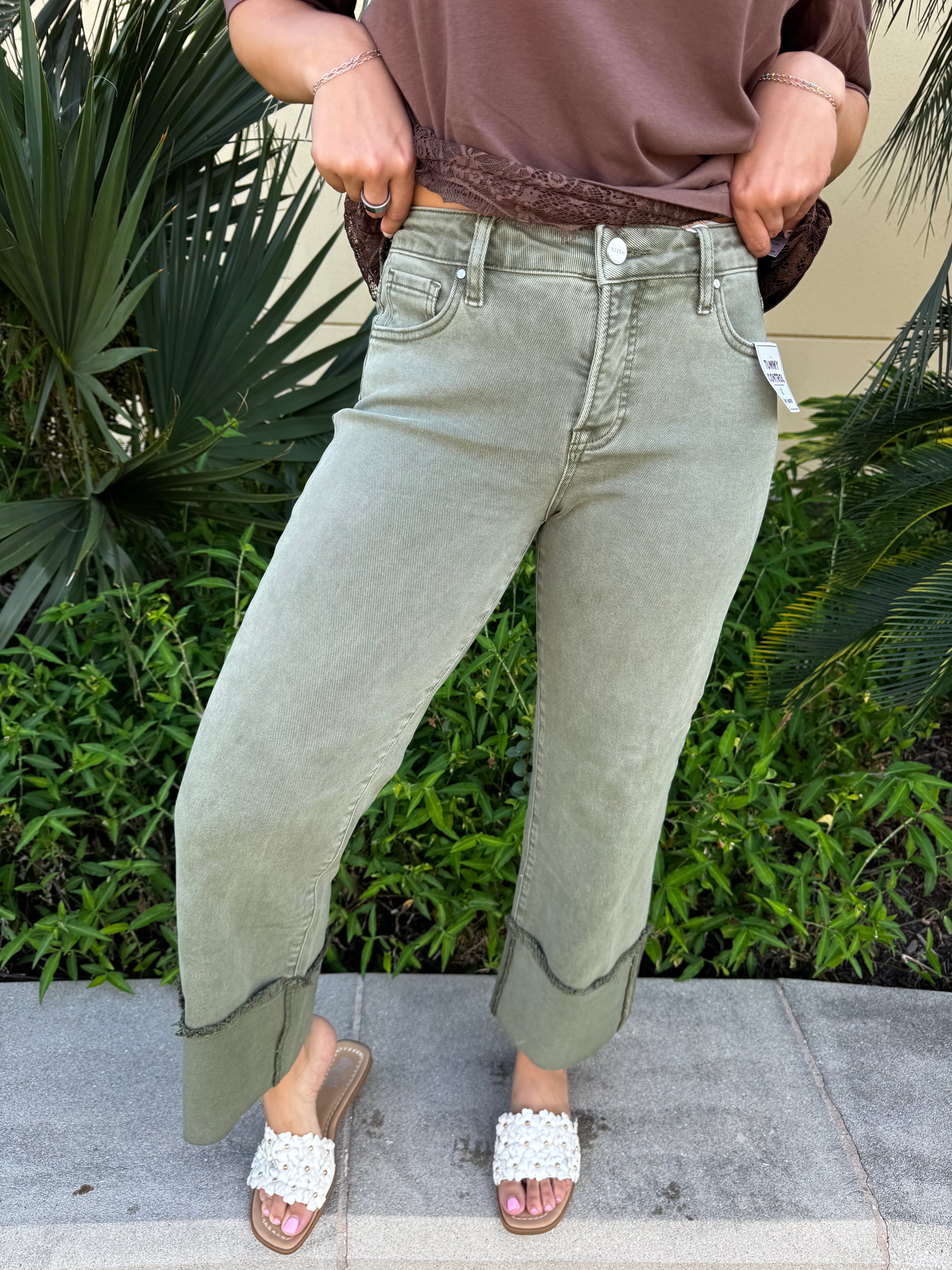 Risen Olive Branch Cuffed Wide Leg Jeans
