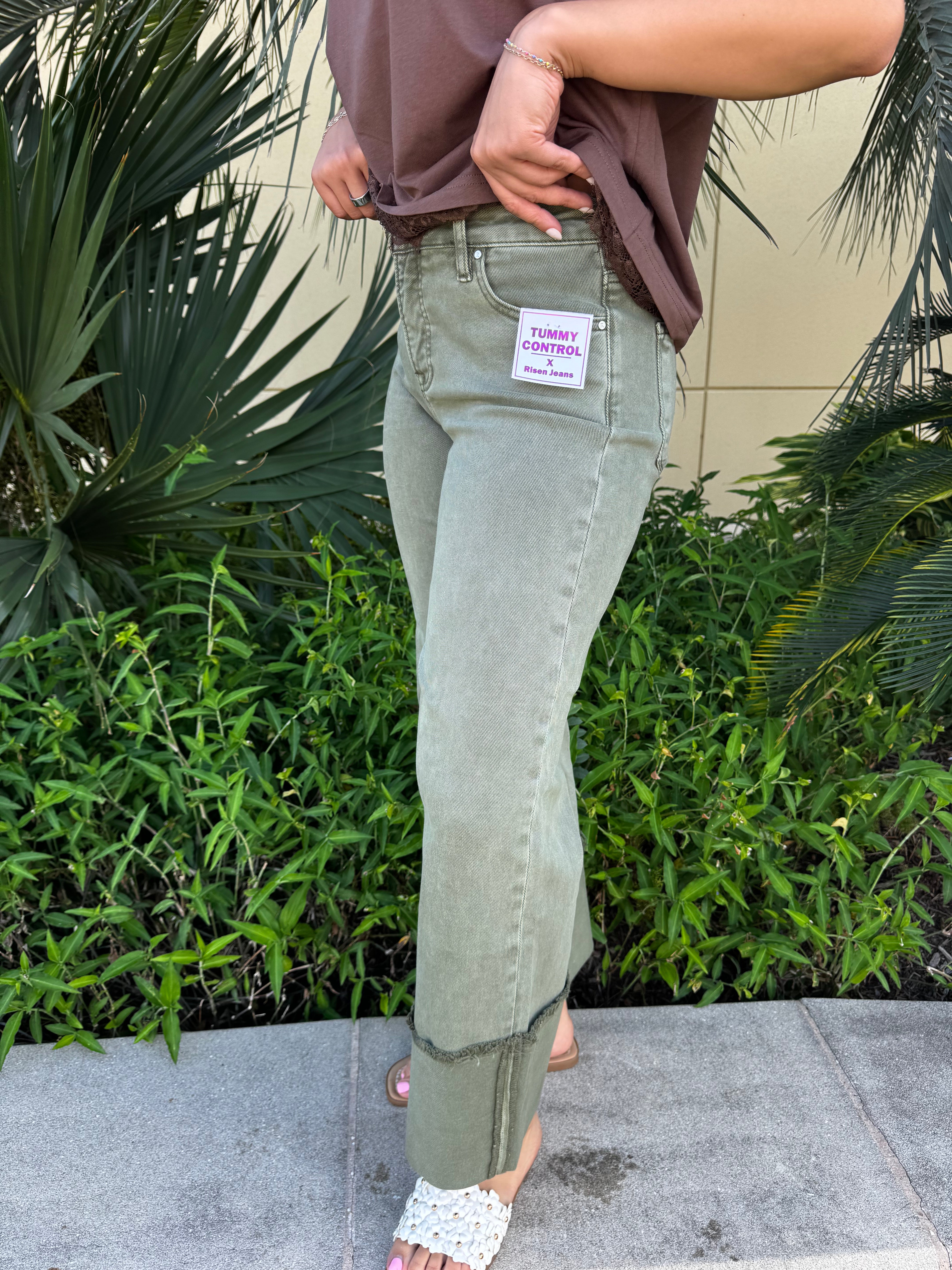 Risen Olive Branch Cuffed Wide Leg Jeans