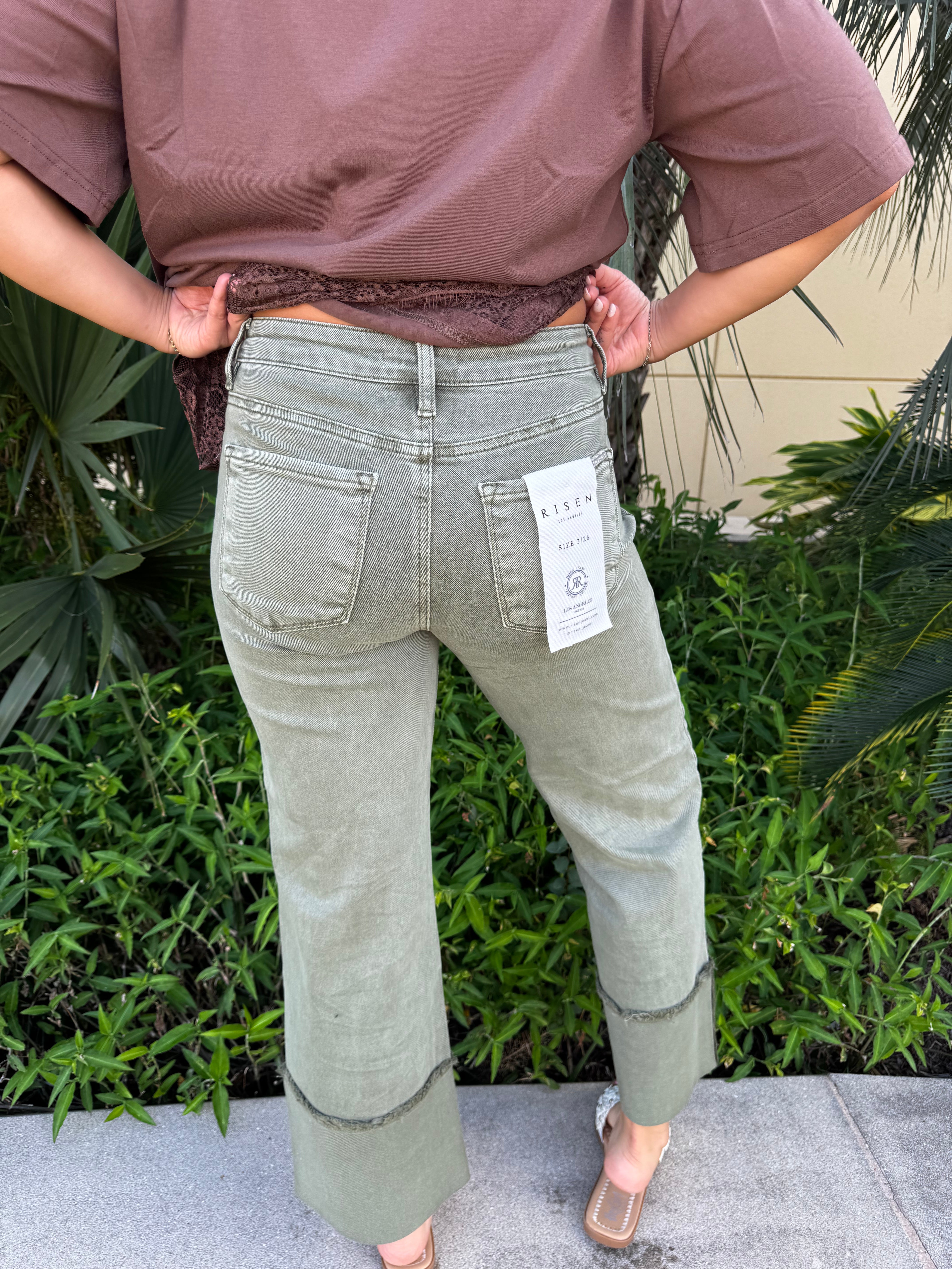 Risen Olive Branch Cuffed Wide Leg Jeans