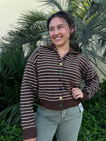 Buttoned Brown Striped Cardigan By Wishlist Apparel