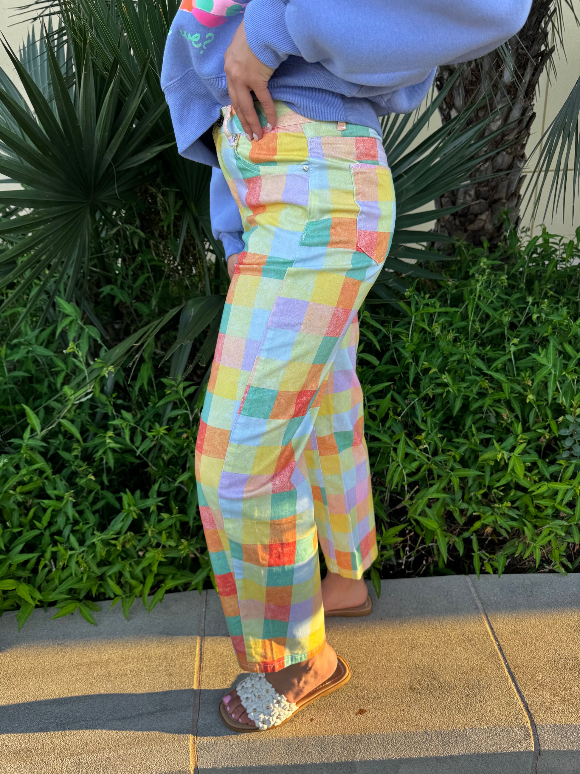 Side view of woman in colorful plaid high-rise barrel pants and blue sweatshirt with duck graphic, standing among lush green plants outdoors.