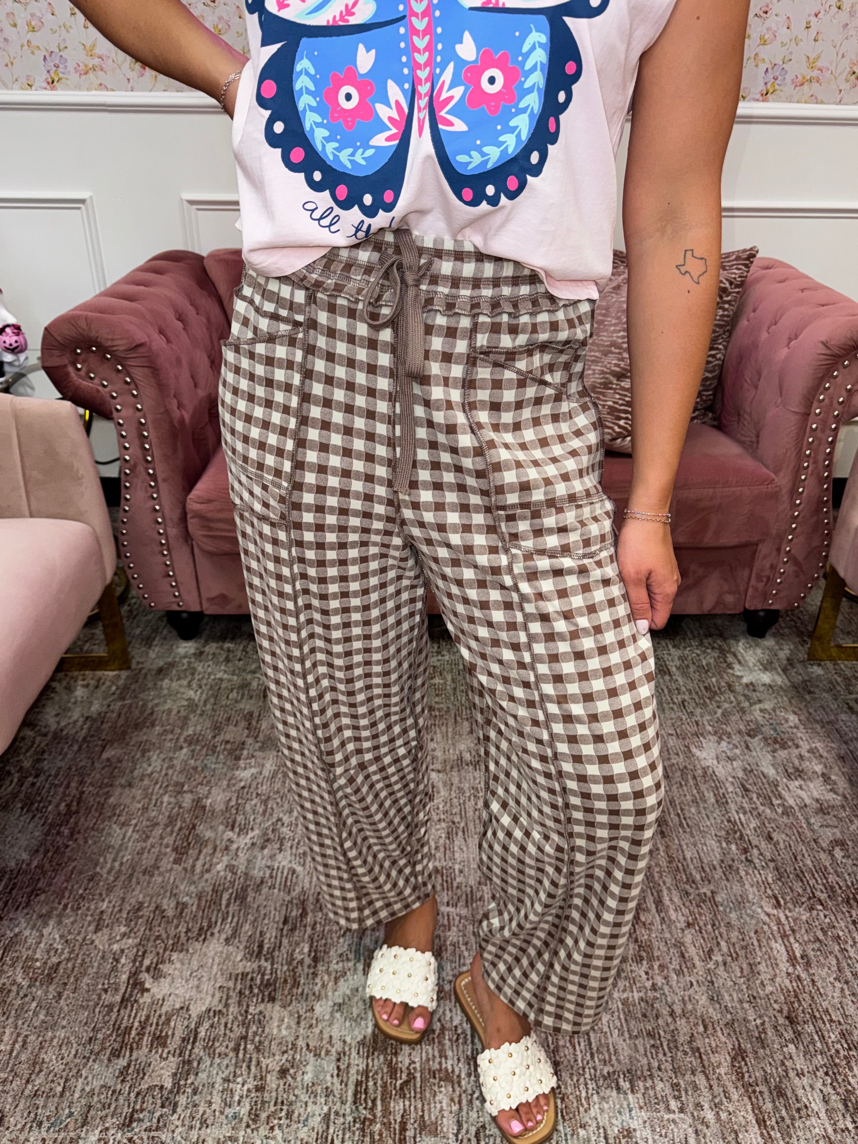 Cocoa Check Comfort Barrel Pants By AnnieWear