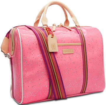 Consuela Summer Jetsetter pink glitter weekender bag with natural leather trim and adjustable woven strap