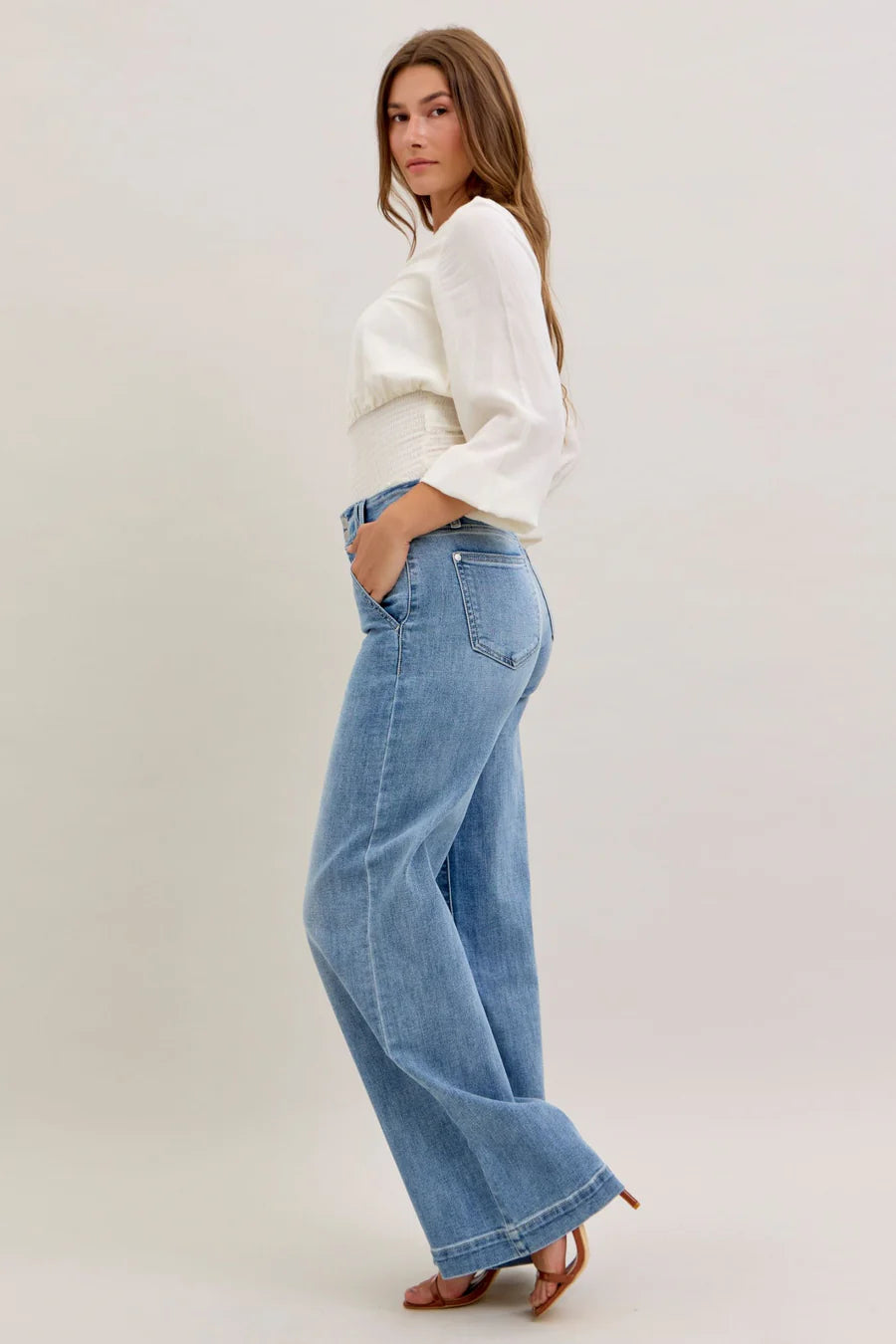 Judy Blue High Waist Double Button Trouser Wide Leg Denim Jeans 82675