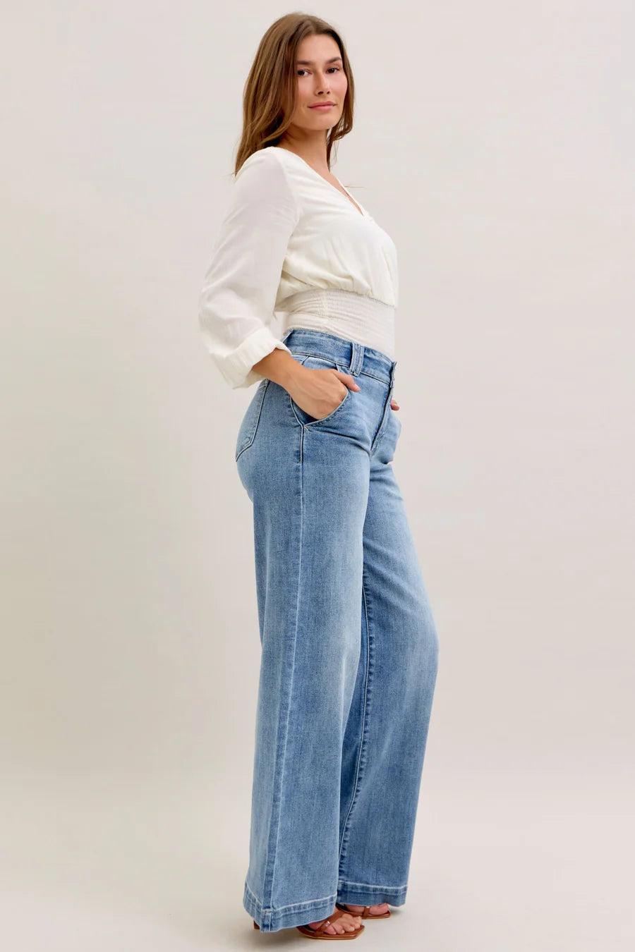 Judy Blue High Waist Double Button Trouser Wide Leg Denim Jeans 82675