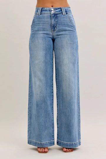 Judy Blue High Waist Double Button Trouser Wide Leg Denim Jeans 82675