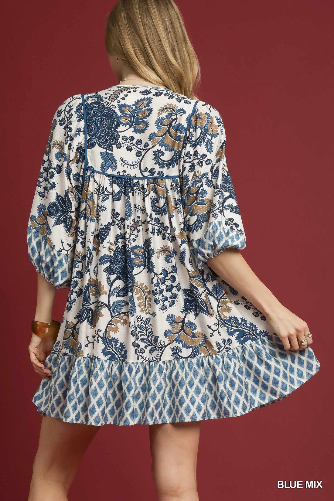 Mixed Prints Blue Mini Dress By Umgee