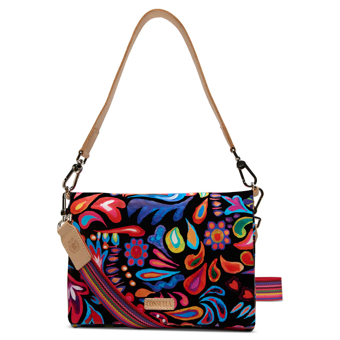 Colorful floral print crossbody bag with beige strap, featuring vibrant Sophie ConsuelaCloth™ pattern, ideal for everyday use.