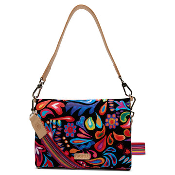 Colorful floral print crossbody bag with beige strap, featuring vibrant Sophie ConsuelaCloth™ pattern, ideal for everyday use.