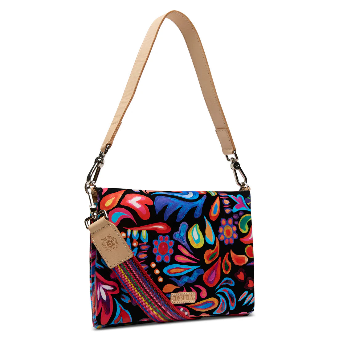 Colorful crossbody bag with vibrant floral and abstract print on black fabric, beige adjustable strap, and leather accents for stylish everyday use - SKU: 12345