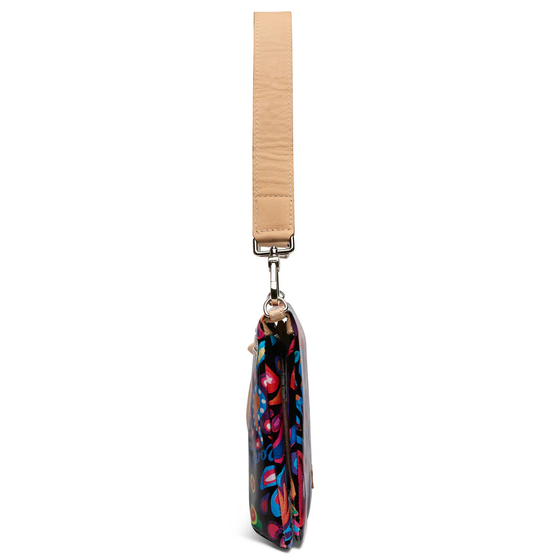 Colorful crossbody bag with vibrant abstract print, beige strap, and metal clasp for everyday style and organization