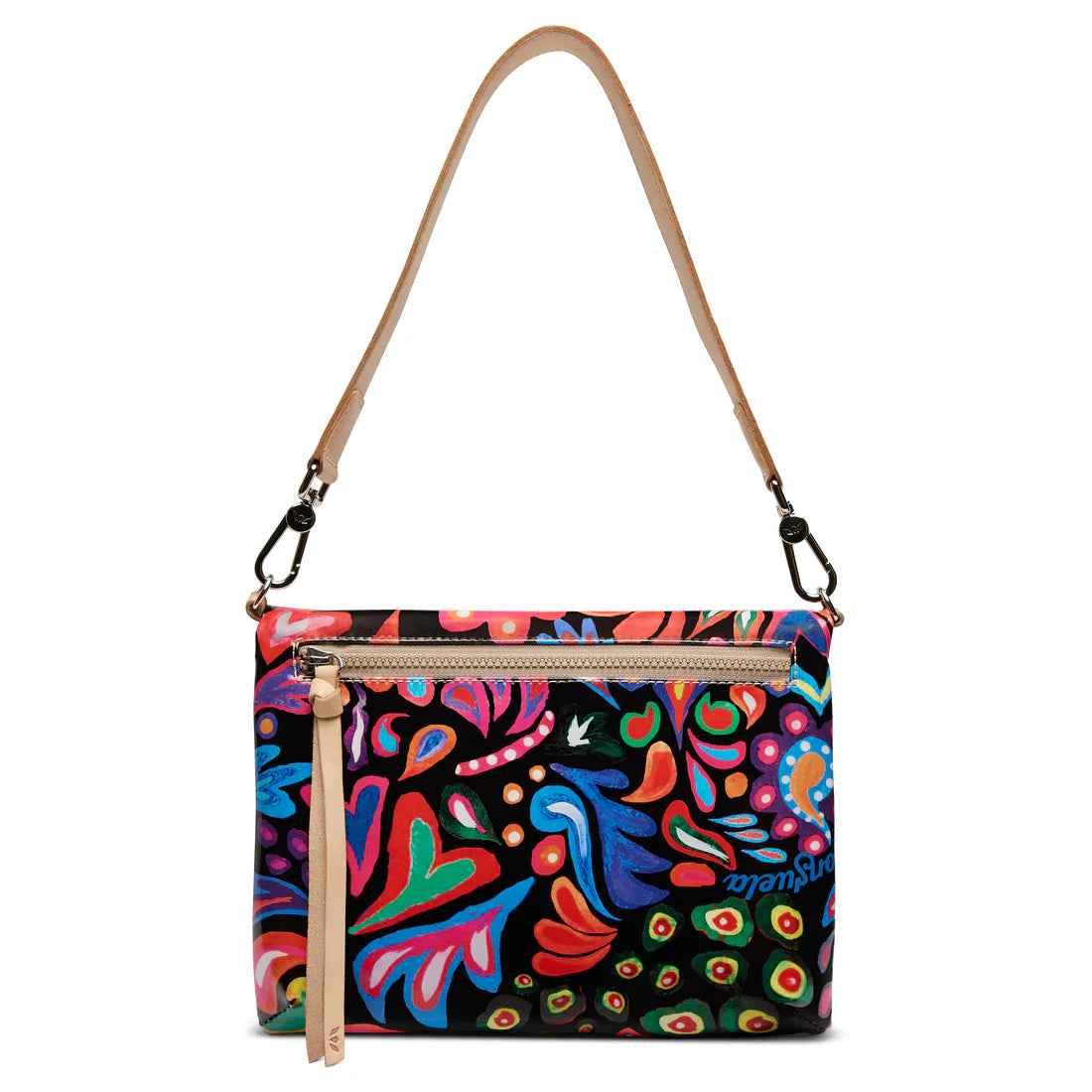 Colorful crossbody bag with vibrant floral and abstract print, beige strap, and zippered front pocket, perfect for everyday use.