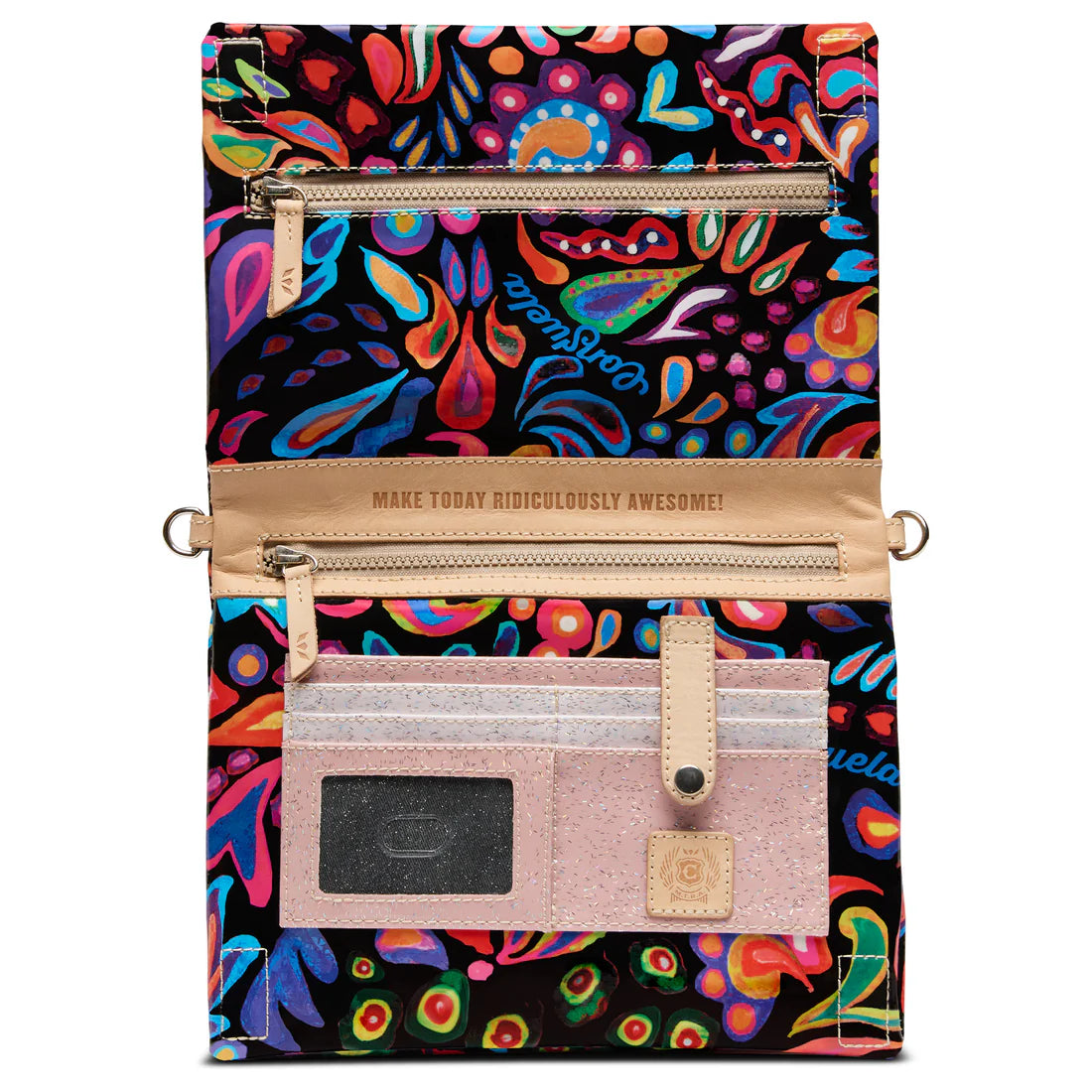 Colorful crossbody bag with vibrant abstract floral print, beige accents, multiple zippered compartments, and a clear ID window for organization.