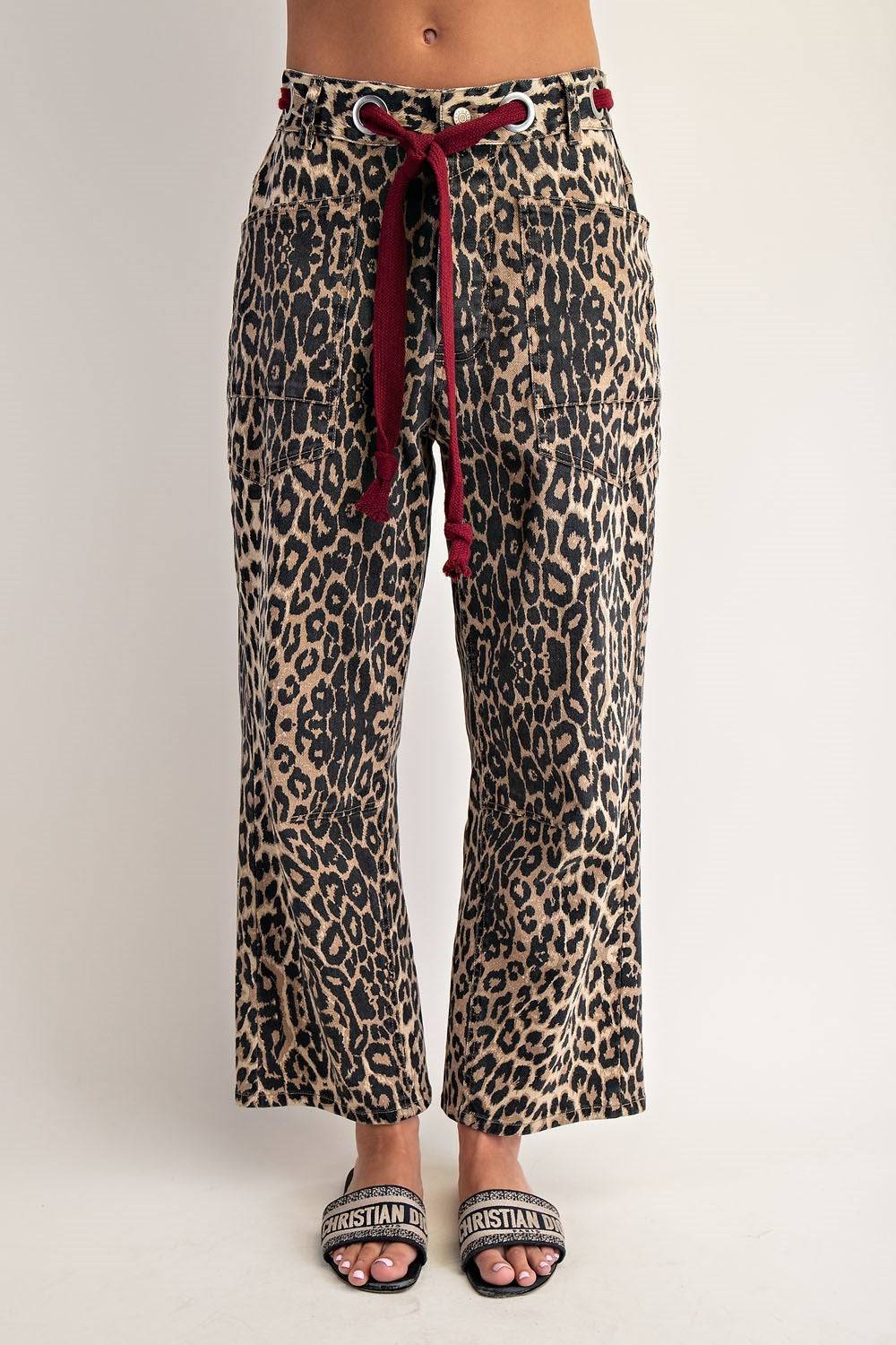 Mineral Washed Leopard Tie Waist Barrel Jeans By Eesome