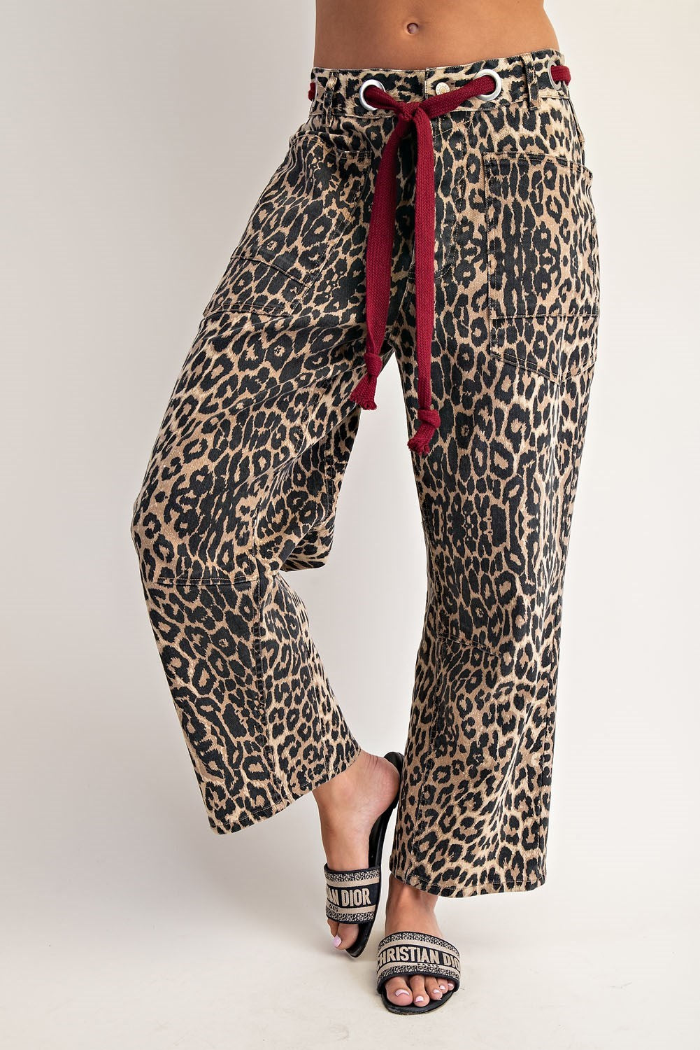 Mineral Washed Leopard Tie Waist Barrel Jeans By Eesome