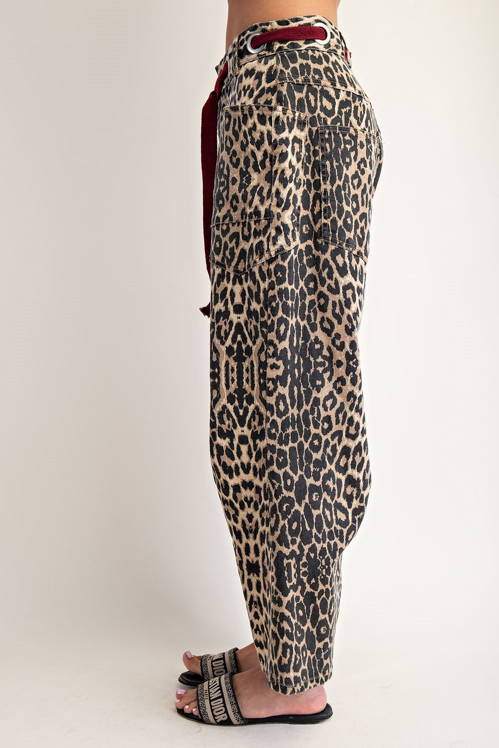 Mineral Washed Leopard Tie Waist Barrel Jeans By Eesome