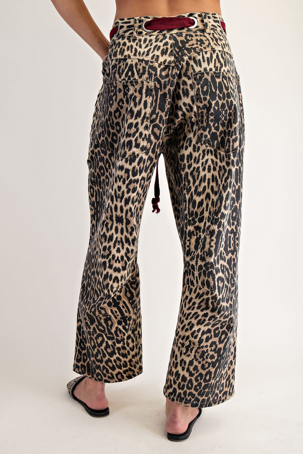 Mineral Washed Leopard Tie Waist Barrel Jeans By Eesome
