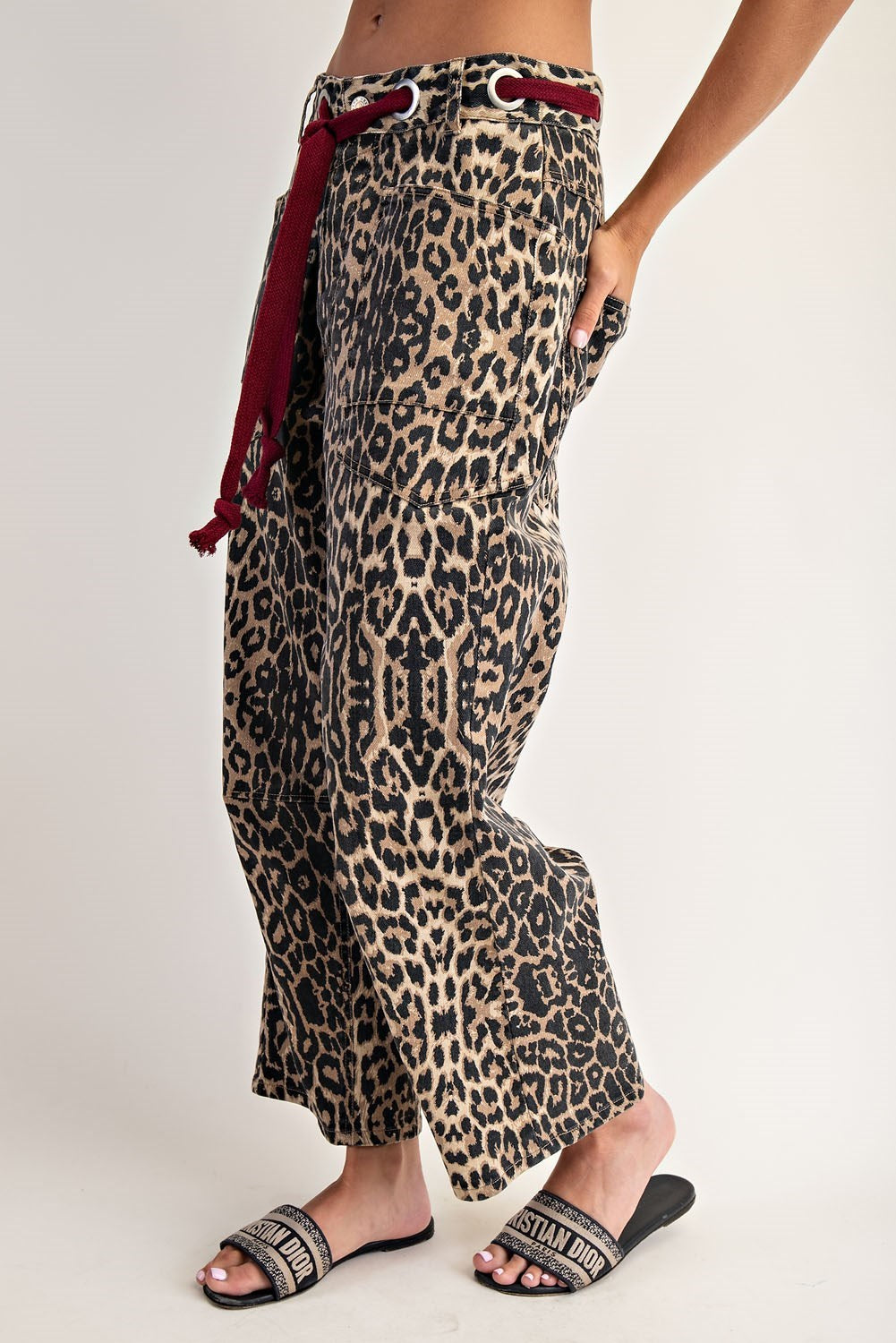 Mineral Washed Leopard Tie Waist Barrel Jeans By Eesome