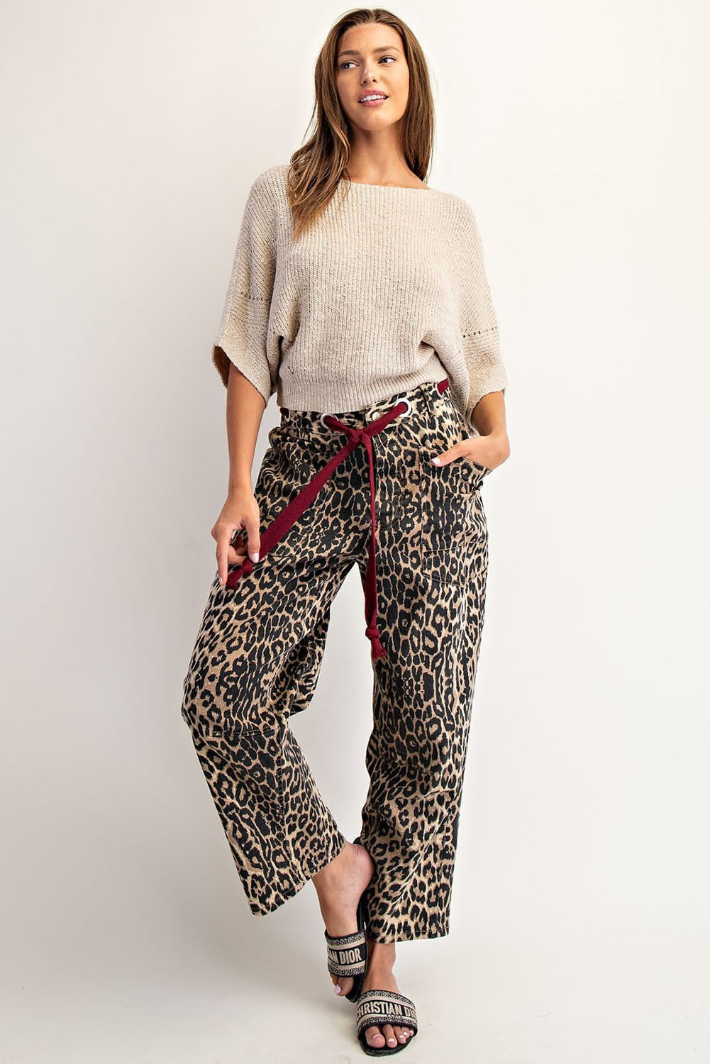 Mineral Washed Leopard Tie Waist Barrel Jeans By Eesome